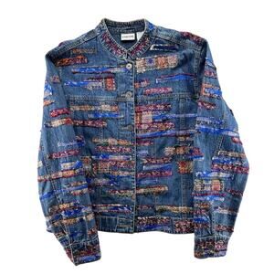 Chico’s Boho Patchwork Embroidered Denim Jacket Size 1 M/L India Festival Art